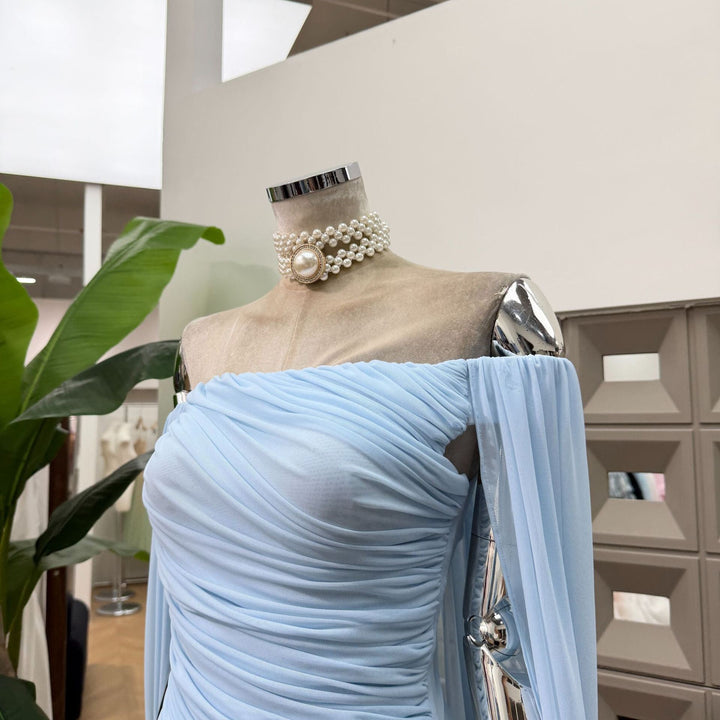 Joella - Pleated chiffon mini dress with exposed shoulders
