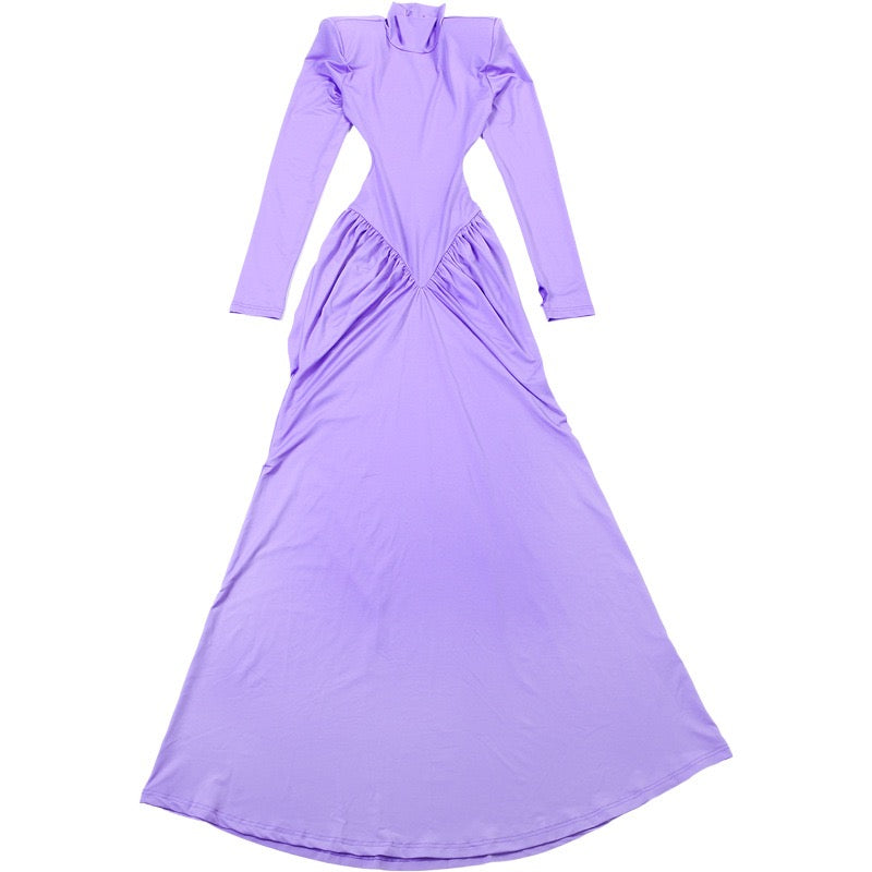 Elegant maxi turtleneck dress with gathered design and open back - DALIA