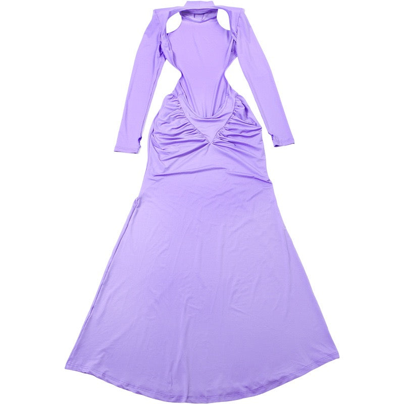 Elegant maxi turtleneck dress with gathered design and open back - DALIA