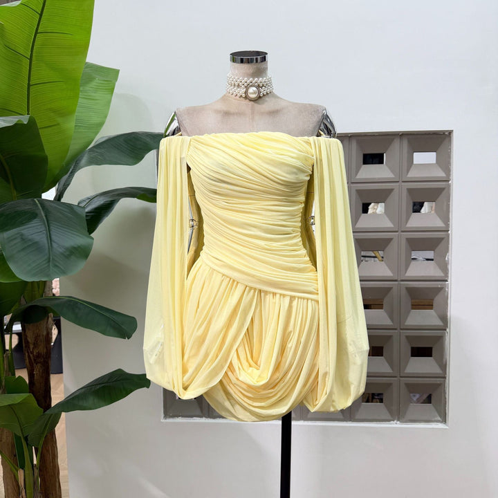 Joella - Pleated chiffon mini dress with exposed shoulders