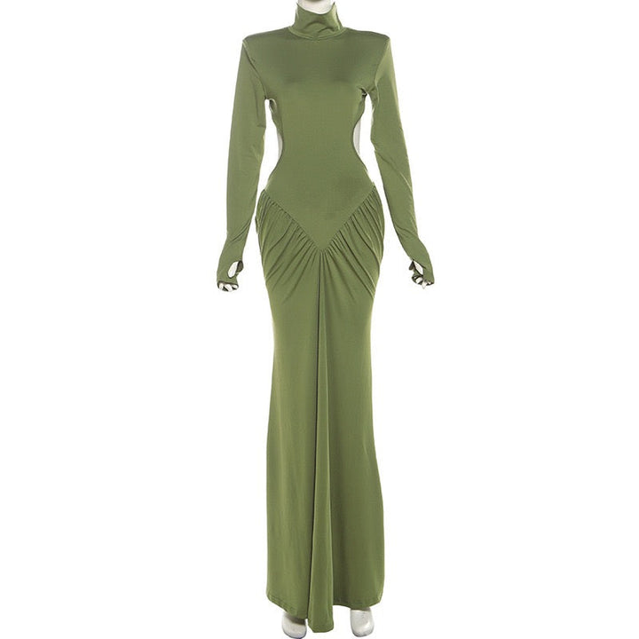Elegant maxi turtleneck dress with gathered design and open back - DALIA