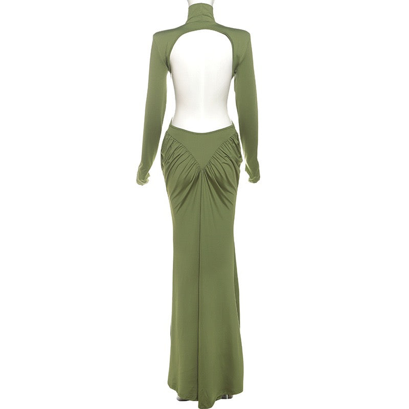Elegant maxi turtleneck dress with gathered design and open back - DALIA