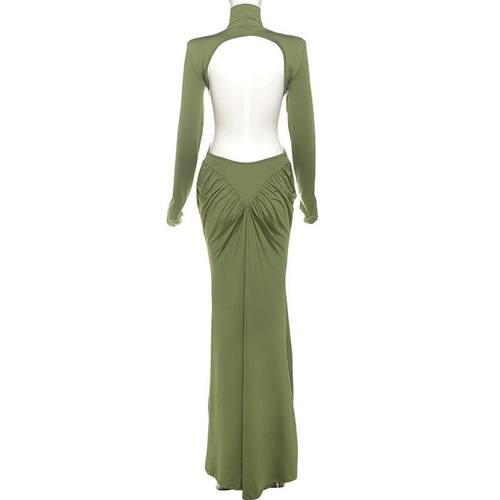 Elegant maxi turtleneck dress with gathered design and open back - DALIA