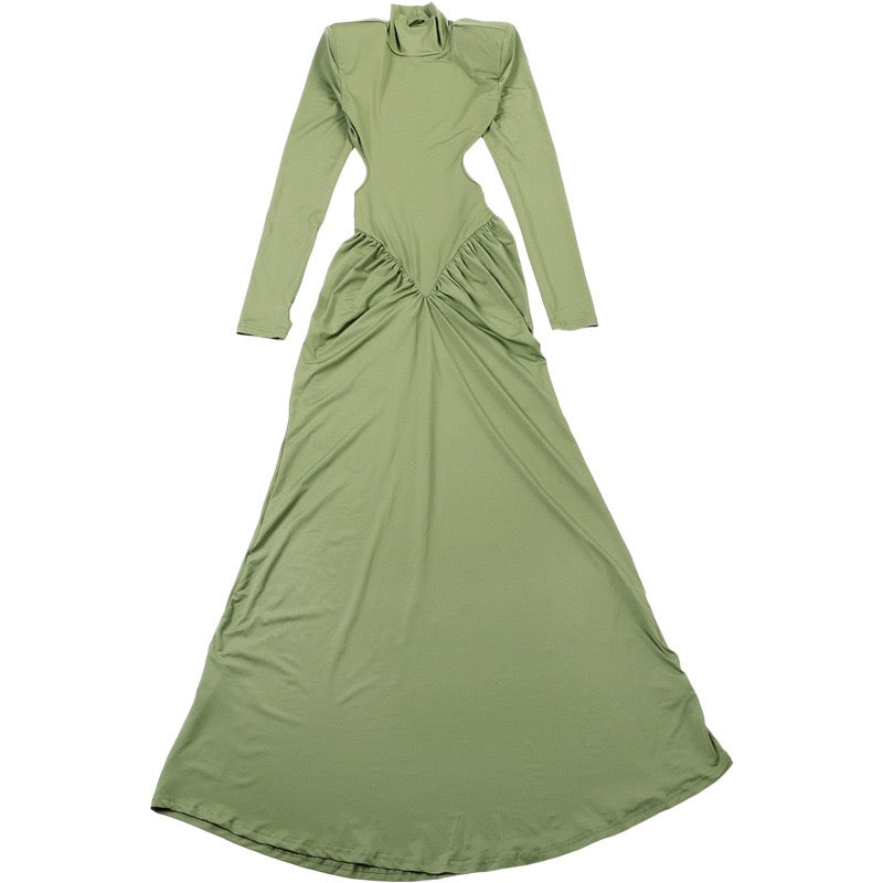 Elegant maxi turtleneck dress with gathered design and open back - DALIA