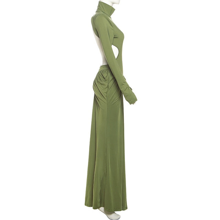 Elegant maxi turtleneck dress with gathered design and open back - DALIA