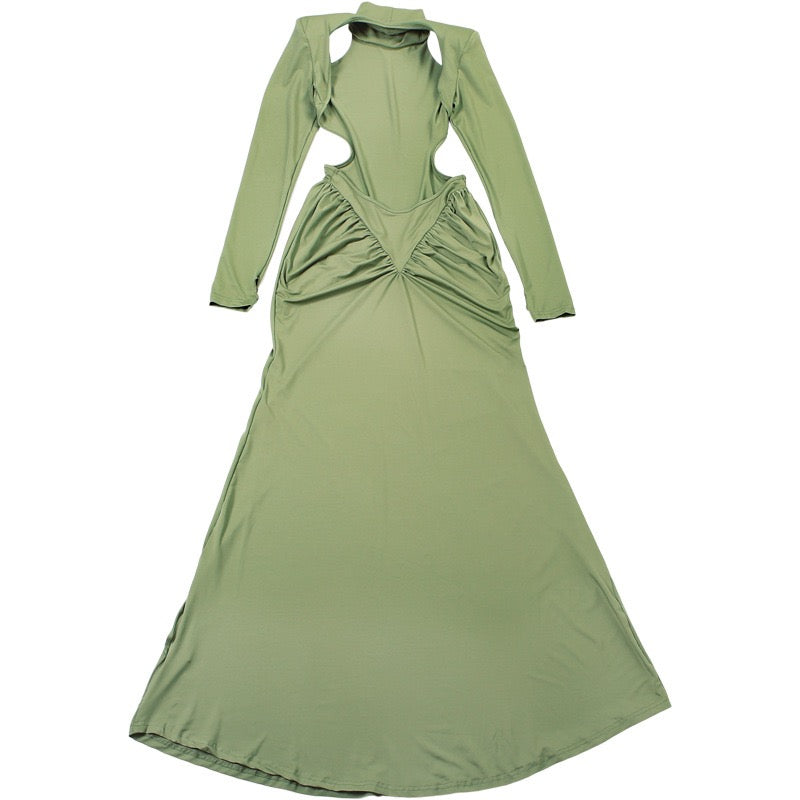 Elegant maxi turtleneck dress with gathered design and open back - DALIA