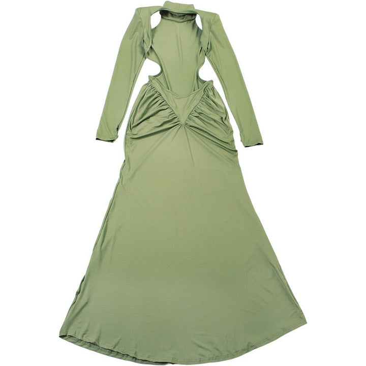 Elegant maxi turtleneck dress with gathered design and open back - DALIA