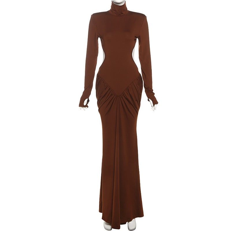 Elegant maxi turtleneck dress with gathered design and open back - DALIA