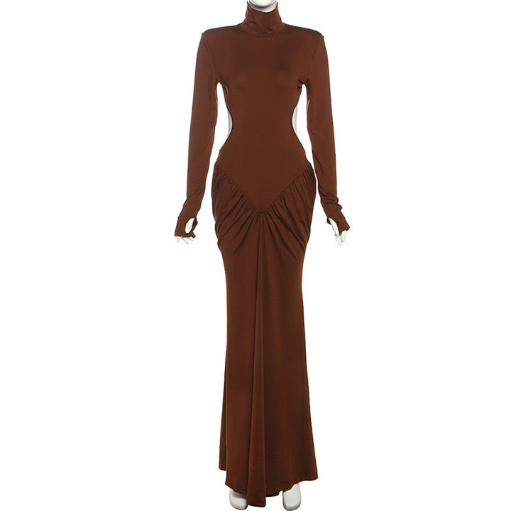 Elegant maxi turtleneck dress with gathered design and open back - DALIA