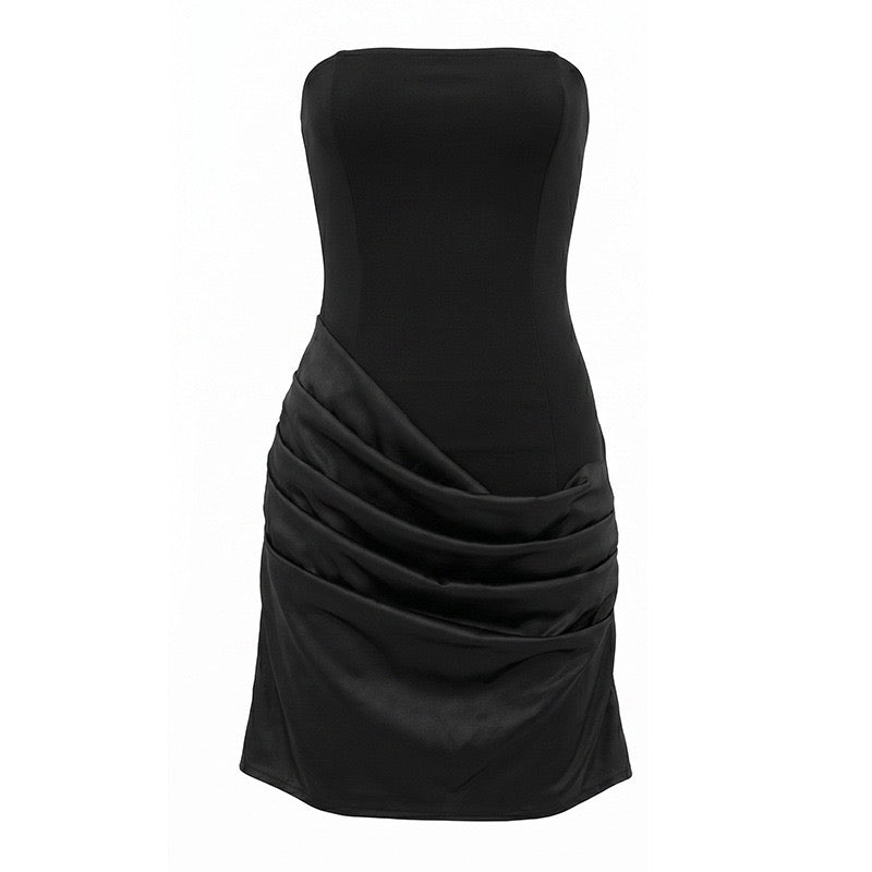 Strapless mini dress with a corset and satin pleat detailing – Sagi
