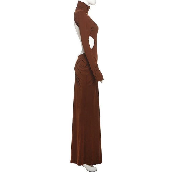 Elegant maxi turtleneck dress with gathered design and open back - DALIA