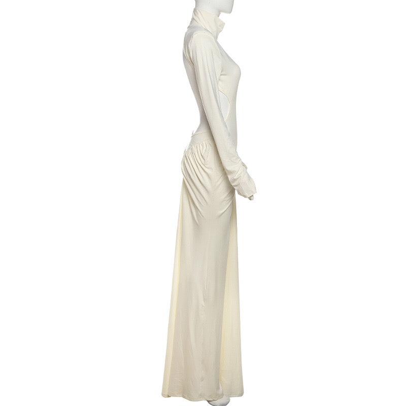 Elegant maxi turtleneck dress with gathered design and open back - DALIA