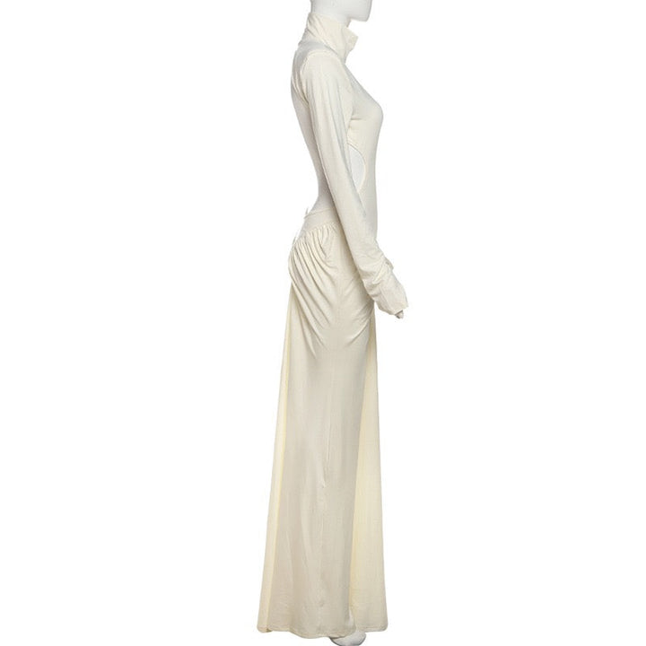 Elegant maxi turtleneck dress with gathered design and open back - DALIA