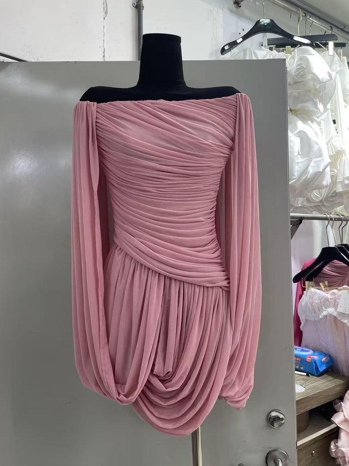 Joella - Pleated chiffon mini dress with exposed shoulders