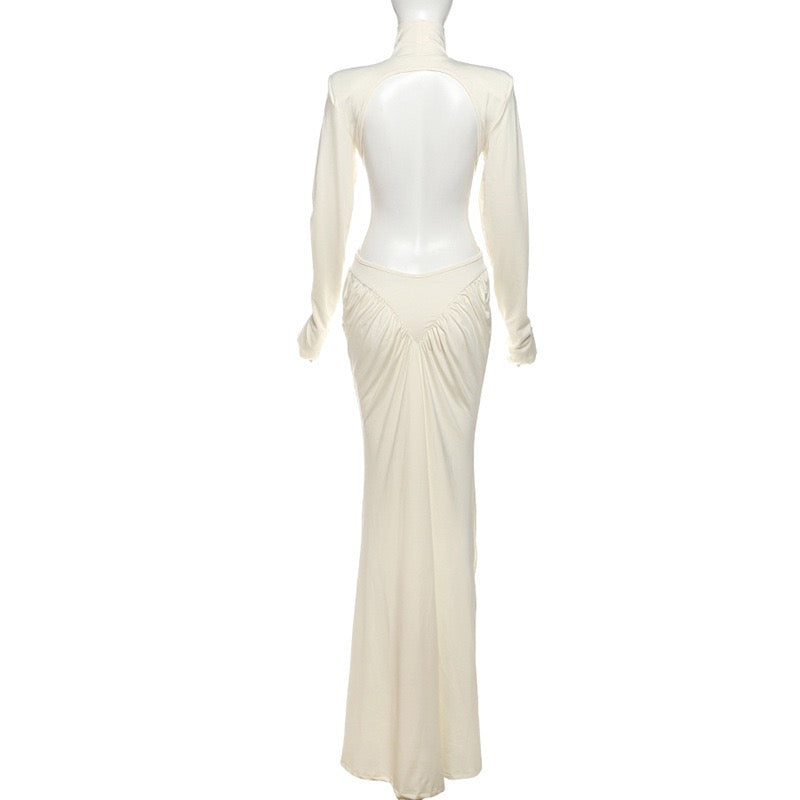 Elegant maxi turtleneck dress with gathered design and open back - DALIA