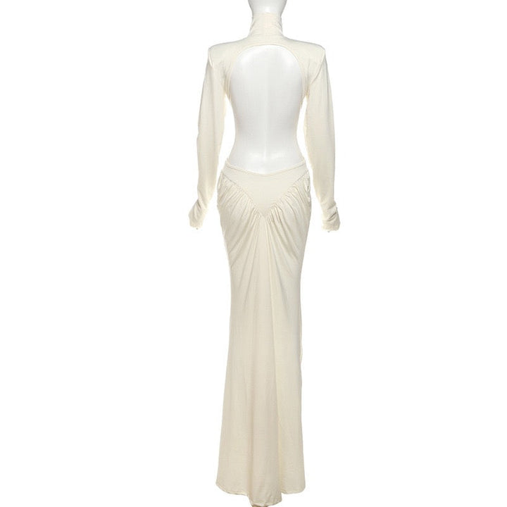 Elegant maxi turtleneck dress with gathered design and open back - DALIA
