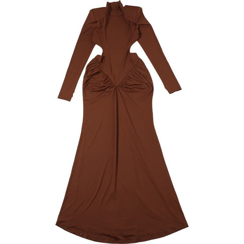 Elegant maxi turtleneck dress with gathered design and open back - DALIA