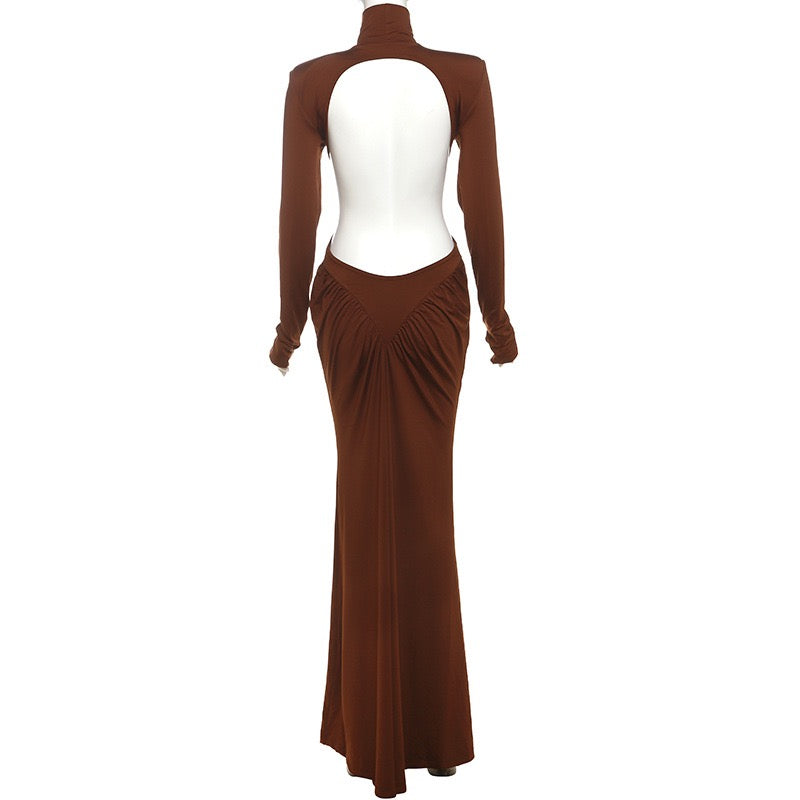 Elegant maxi turtleneck dress with gathered design and open back - DALIA