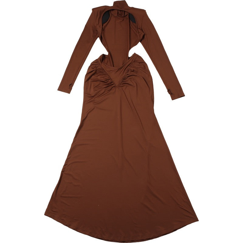 Elegant maxi turtleneck dress with gathered design and open back - DALIA