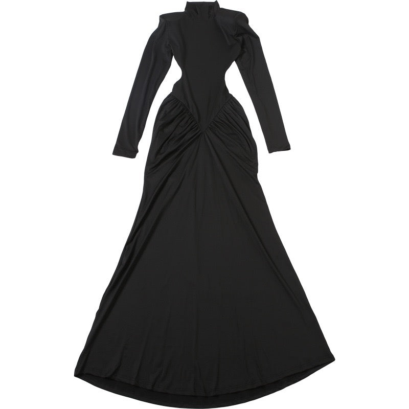 Elegant maxi turtleneck dress with gathered design and open back - DALIA