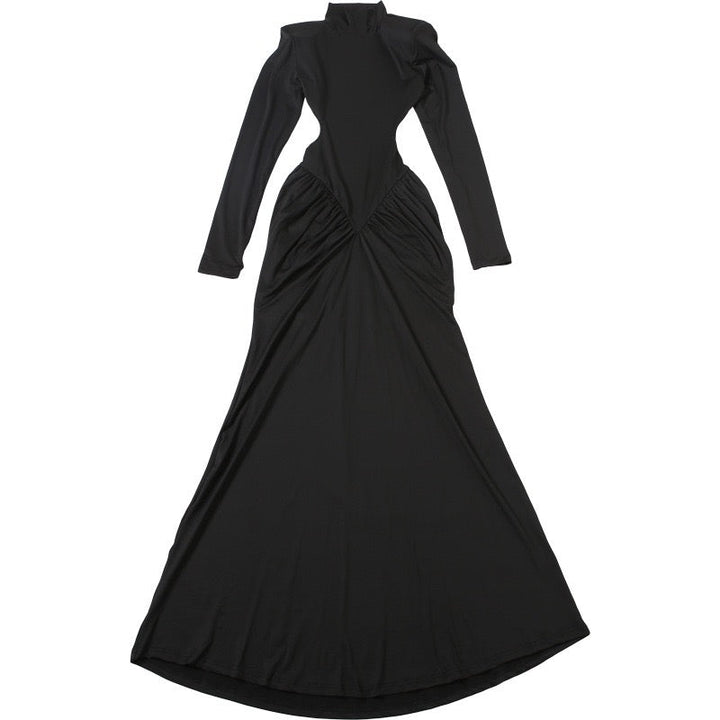 Elegant maxi turtleneck dress with gathered design and open back - DALIA