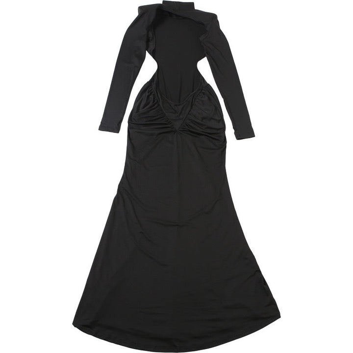 Elegant maxi turtleneck dress with gathered design and open back - DALIA