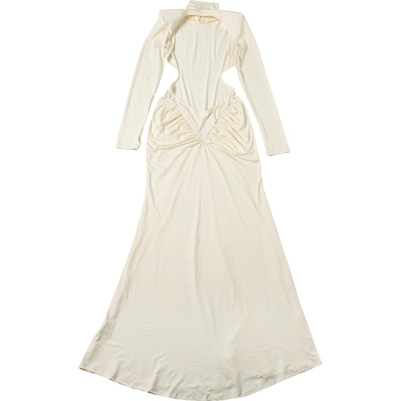 Elegant maxi turtleneck dress with gathered design and open back - DALIA