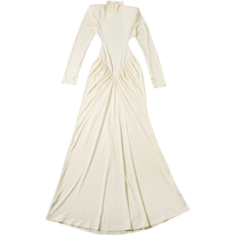 Elegant maxi turtleneck dress with gathered design and open back - DALIA