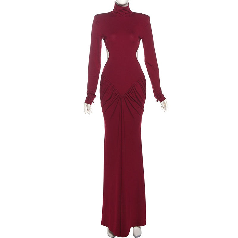 Elegant maxi turtleneck dress with gathered design and open back - DALIA