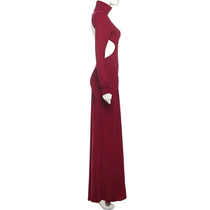 Elegant maxi turtleneck dress with gathered design and open back - DALIA
