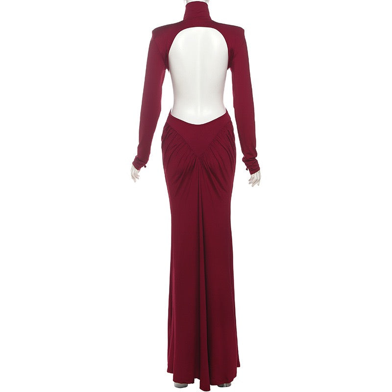 Elegant maxi turtleneck dress with gathered design and open back - DALIA