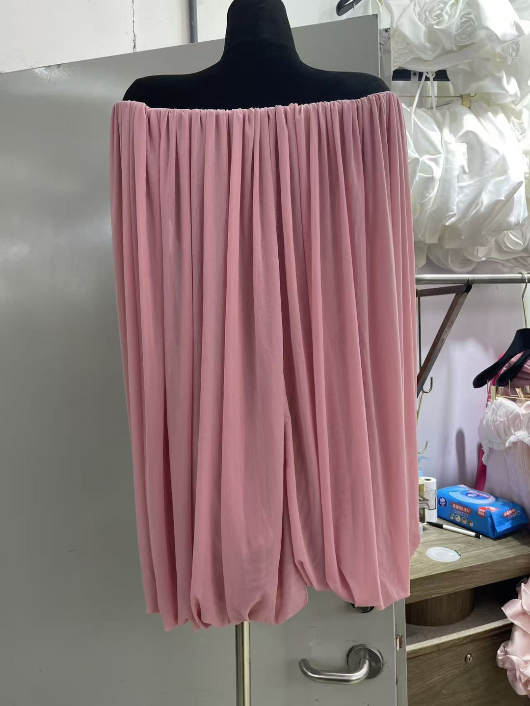Joella - Pleated chiffon mini dress with exposed shoulders