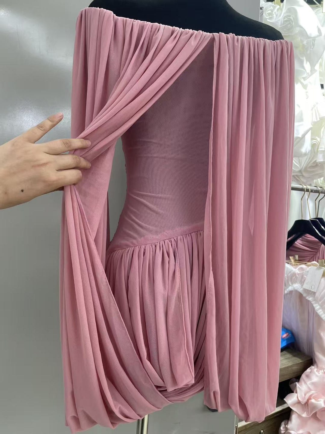 Joella - Pleated chiffon mini dress with exposed shoulders