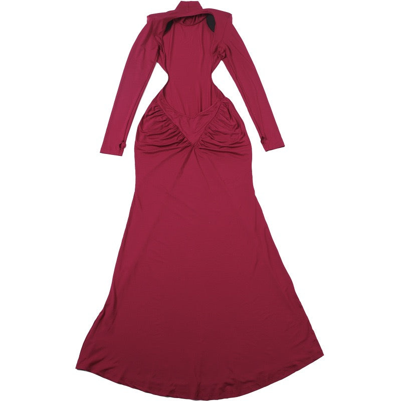 Elegant maxi turtleneck dress with gathered design and open back - DALIA