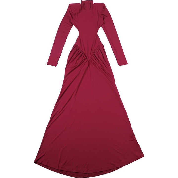 Elegant maxi turtleneck dress with gathered design and open back - DALIA