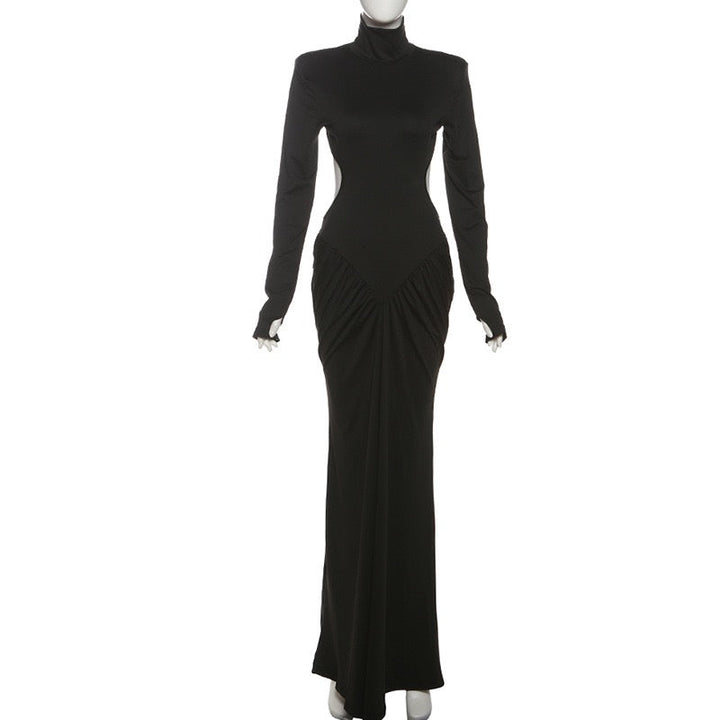 Elegant maxi turtleneck dress with gathered design and open back - DALIA