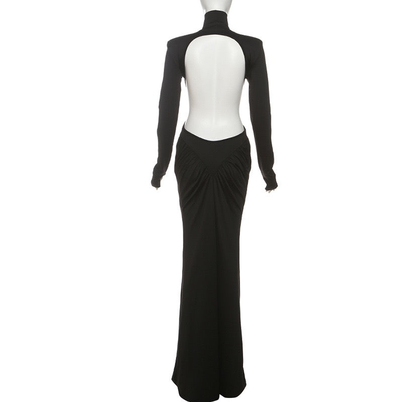 Elegant maxi turtleneck dress with gathered design and open back - DALIA