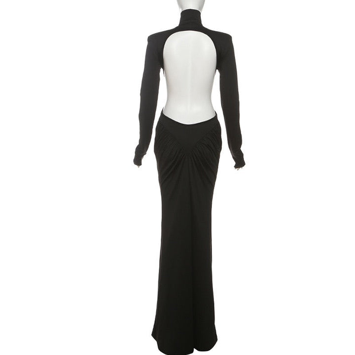 Elegant maxi turtleneck dress with gathered design and open back - DALIA