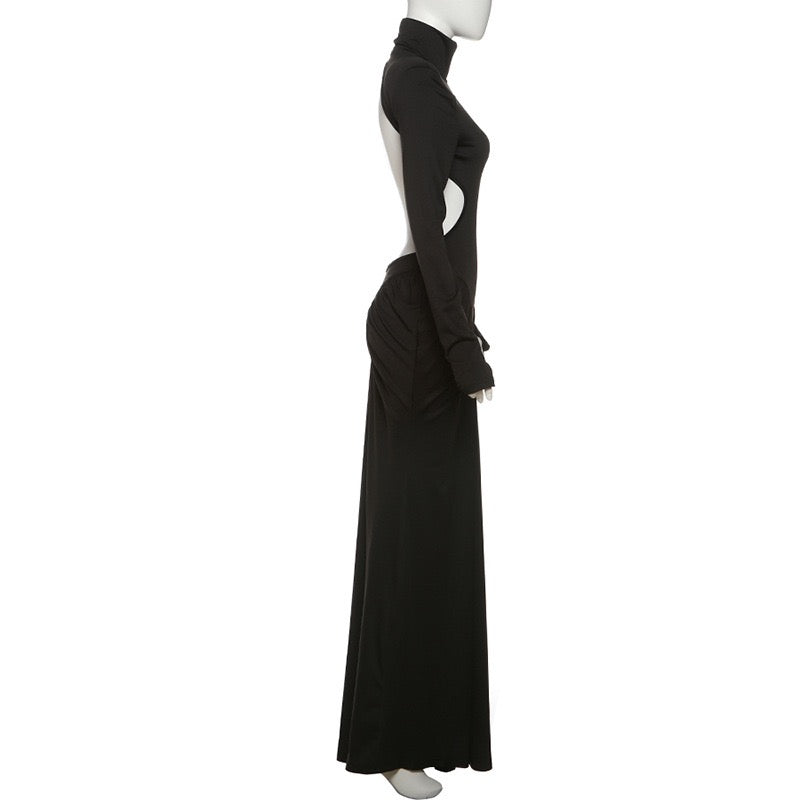 Elegant maxi turtleneck dress with gathered design and open back - DALIA