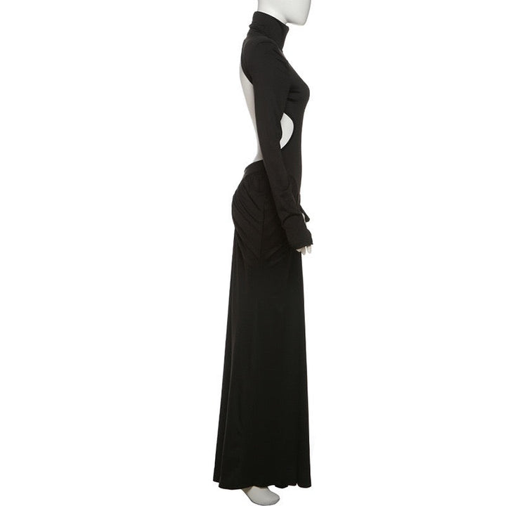 Elegant maxi turtleneck dress with gathered design and open back - DALIA