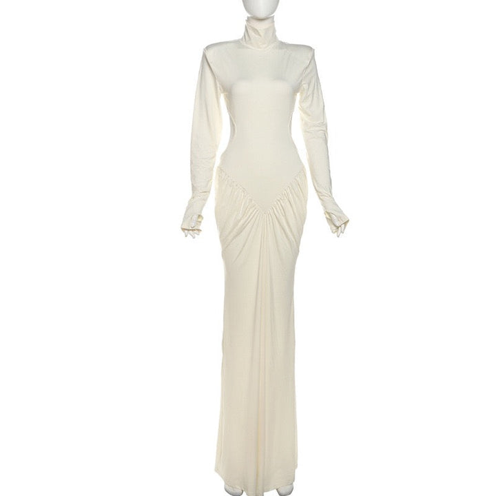 Elegant maxi turtleneck dress with gathered design and open back - DALIA