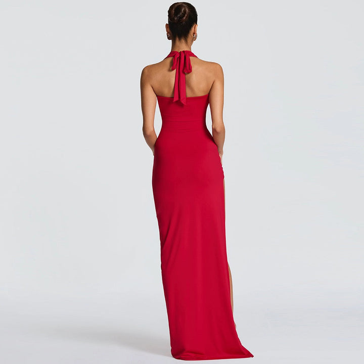 Open back tie maxi dress with slit and gathers - FANNY