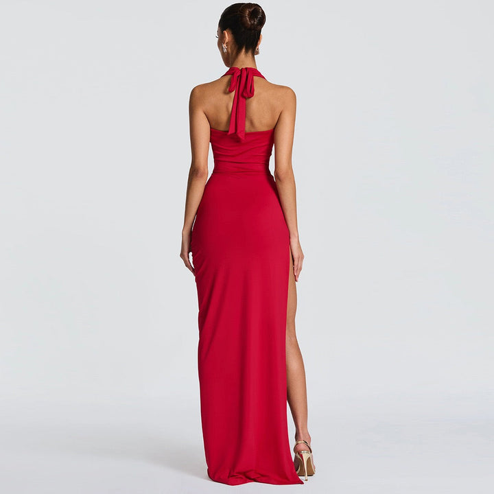 Open back tie maxi dress with slit and gathers - FANNY