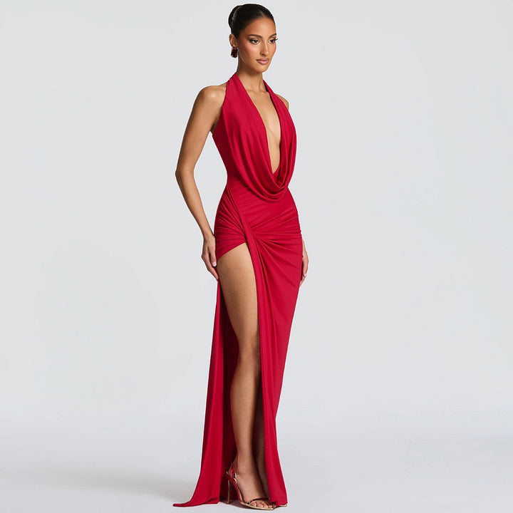 Open back tie maxi dress with slit and gathers - FANNY