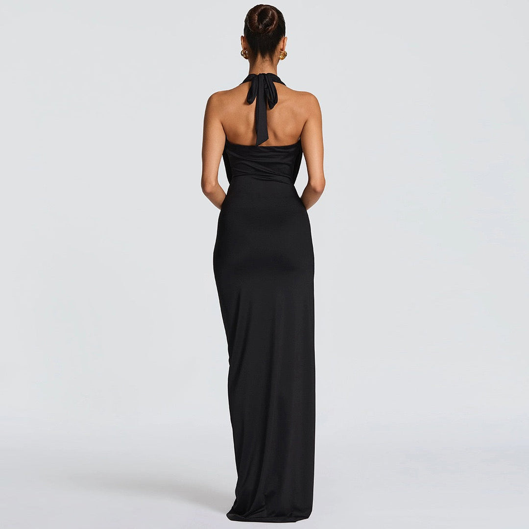 Open back tie maxi dress with slit and gathers - FANNY