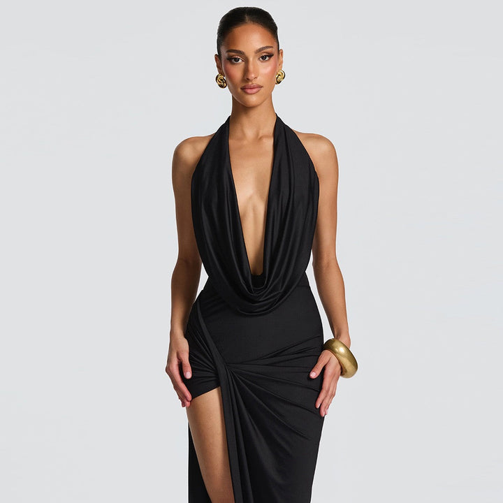 Open back tie maxi dress with slit and gathers - FANNY