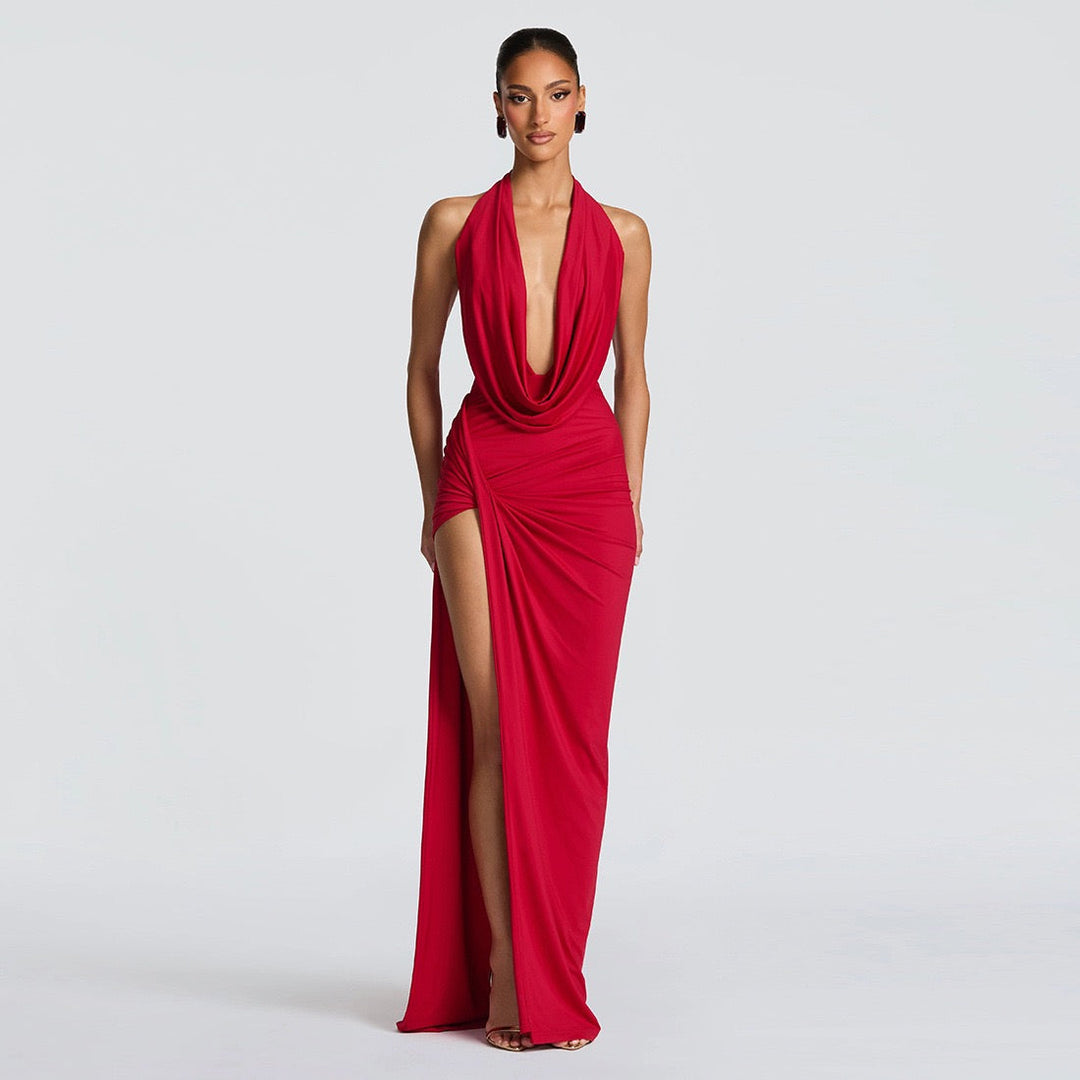 Open back tie maxi dress with slit and gathers - FANNY
