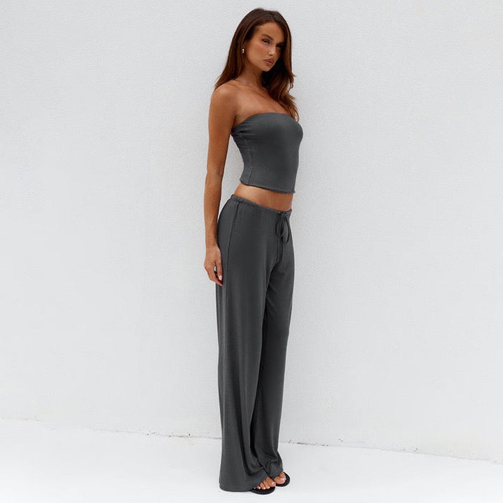 Cozy two-piece set with a strapless top and long pants – Tani