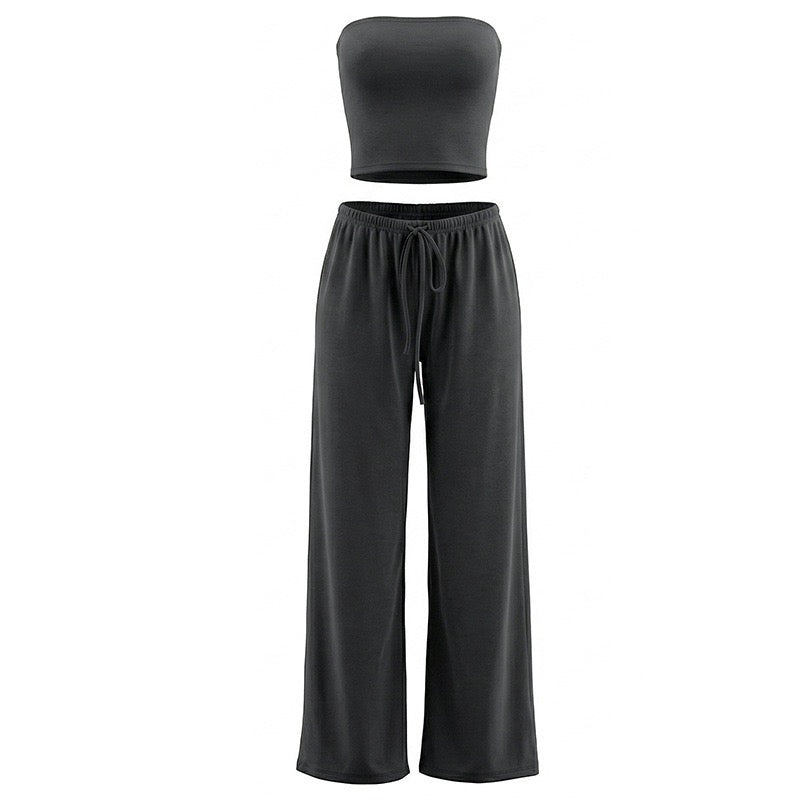 Cozy two-piece set with a strapless top and long pants – Tani