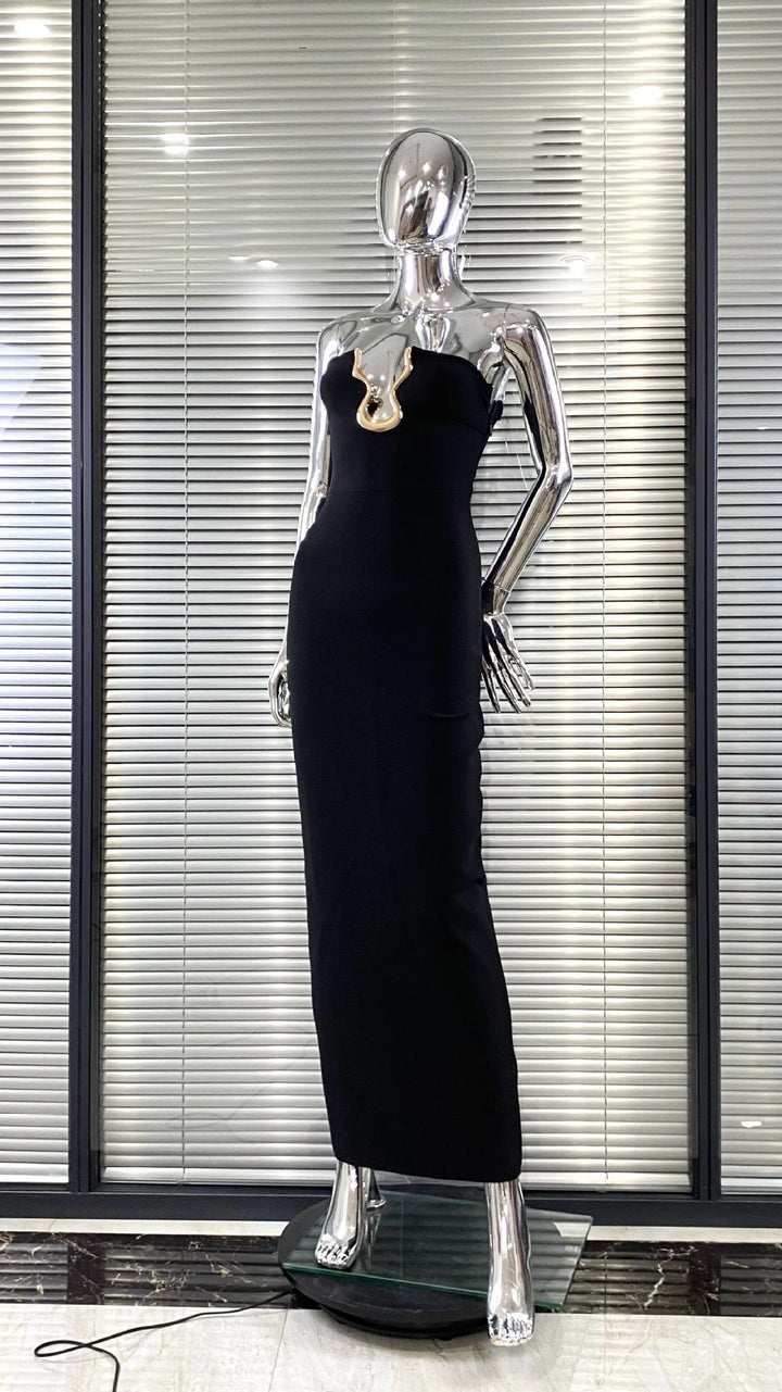 Elegant Maxi Strapless Dress with Shaping Fabric and Buckle Design - ORINA